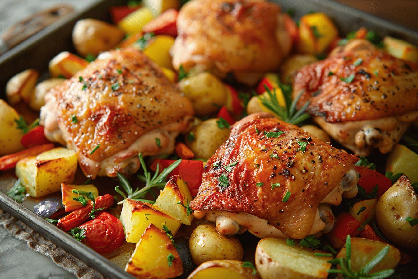 Recette facile de cuisses de poulet au four avec pommes de terre et légumes rôtis