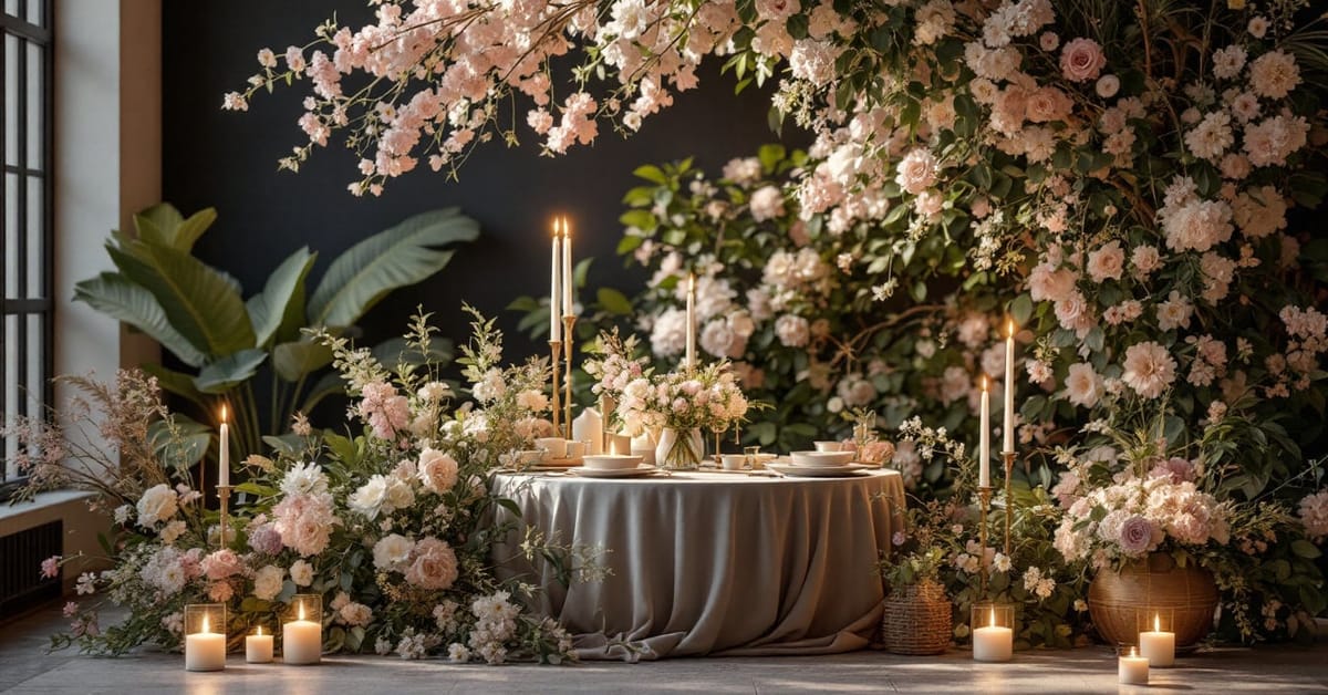 Décoration florale mariage élégante avec compositions florales blanches et vertes sur table de réception
