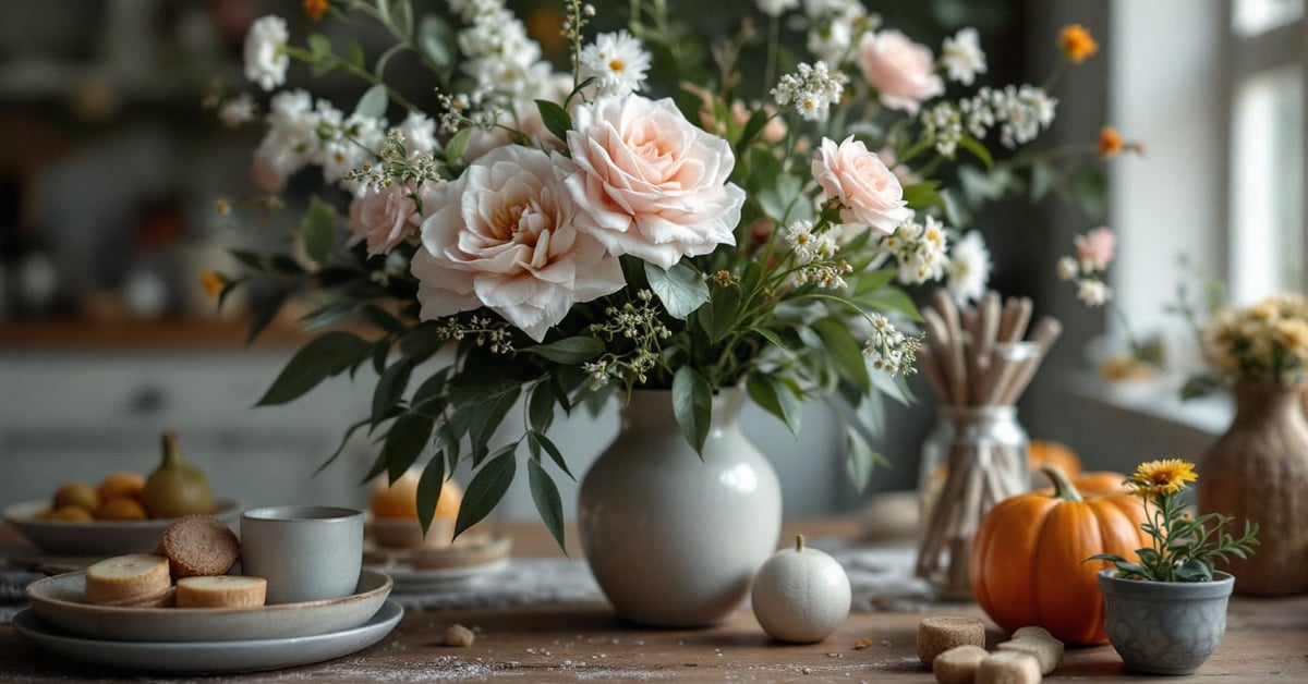 Wedding planner créant une planche d'inspiration florale pour décoration de mariage avec échantillons de fleurs