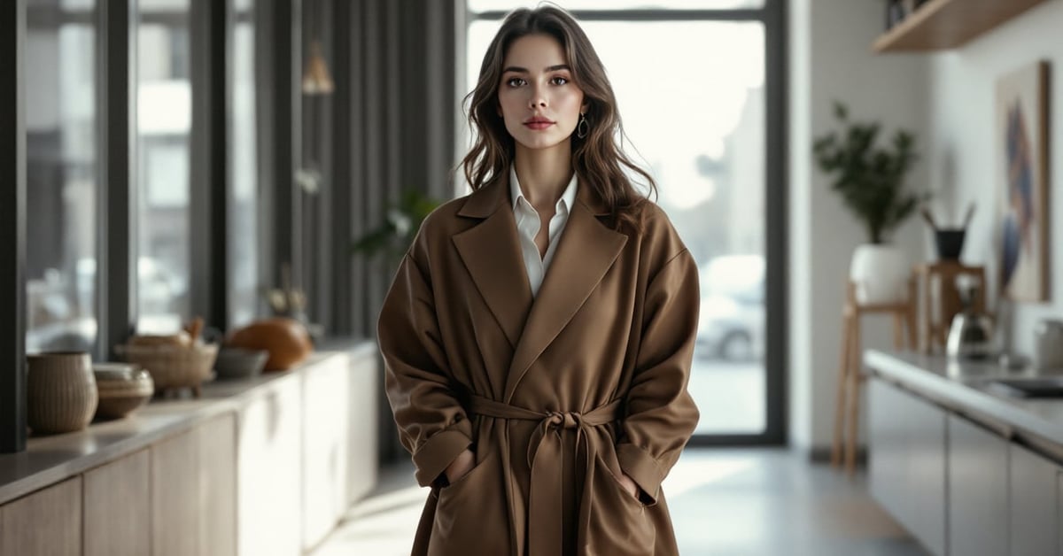 Femme élégante portant une robe femme longue fluide dans un cadre moderne en lumière naturelle