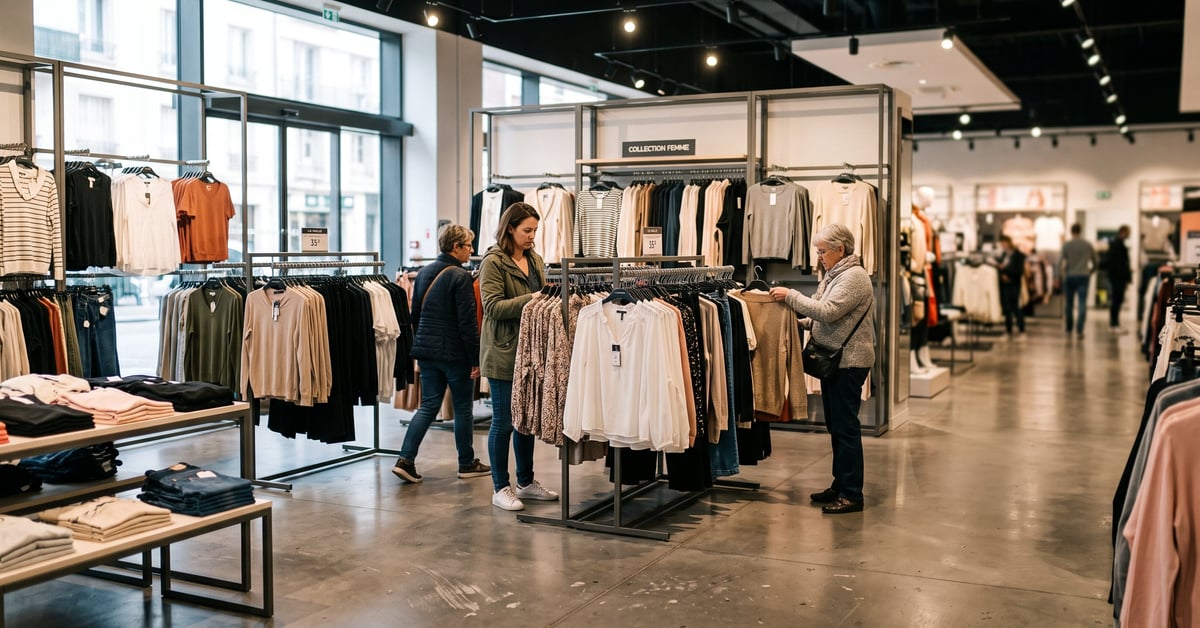 Femme faisant ses achats de vêtements à La Halle, rayon mode femme avec portants de vêtements colorés