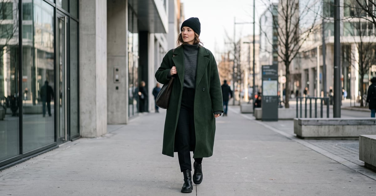 Mode hiver 2025 femme : tenue tendance avec manteau oversize et bottines élégantes