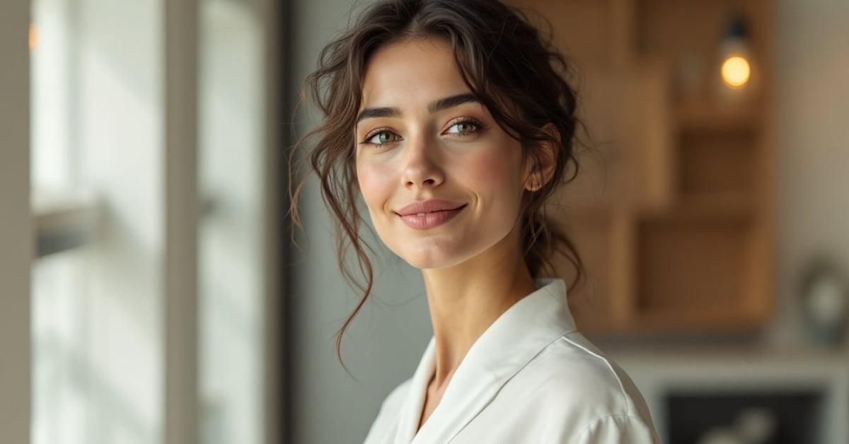 Femme élégante portant une robe femme blanc dans un cadre moderne et lumineux