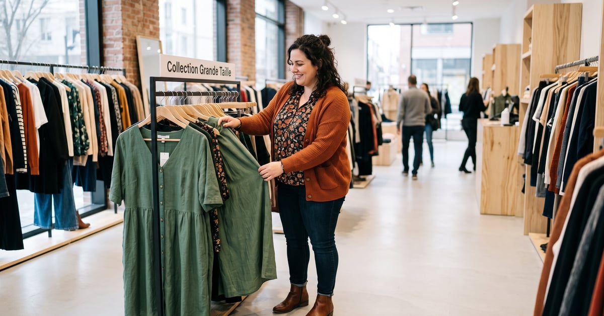 Femme grande taille élégante en tenue mode tendance, style contemporain et confiant