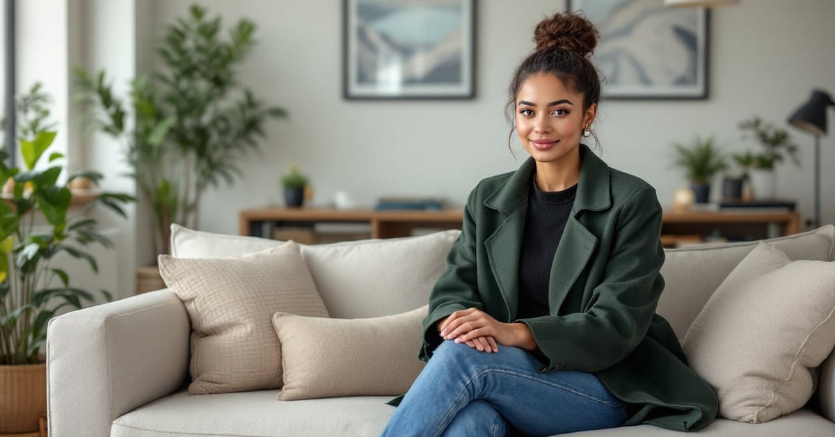 Femme grande taille souriante portant une tenue élégante et bien coupée, vêtements grandes tailles femme
